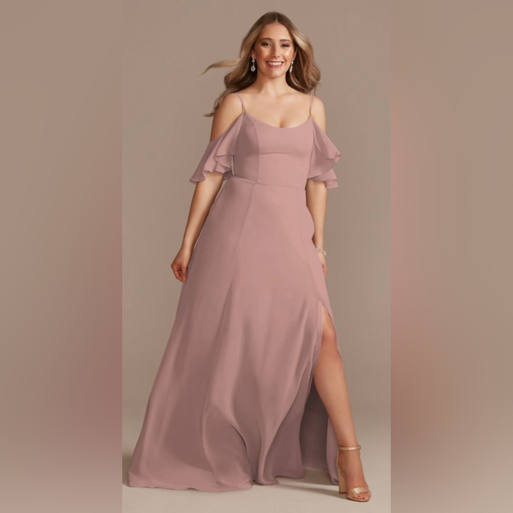 NWT David’s Bridal, cold-shoulder chiffon bridesmaid dress, size 18, Quartz